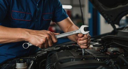 Mechanic using wrench to repair engine in automotive workshop  