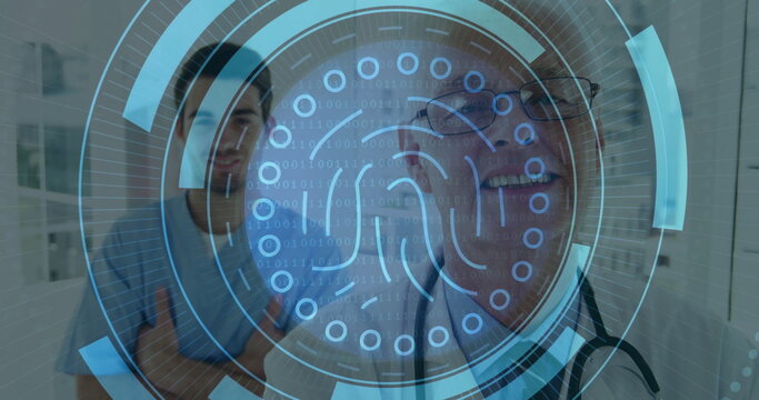 Displaying fingerprint hologram at clinic, with doctor wearing stethoscope and patient observing - Powered by Adobe