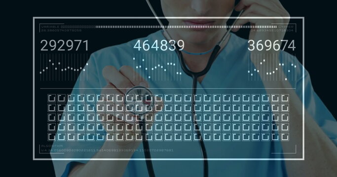 Adjusting male doctor examining holographic numeric data interface in studio, holding stethoscope