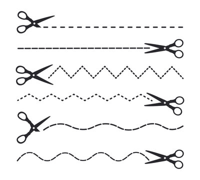 Set of graphic dotted lines for cutting with scissors in cartoon style. Vector illustration of scissors of different shapes, dotted lines: straight, zigzag, wavy, isolated on white background.