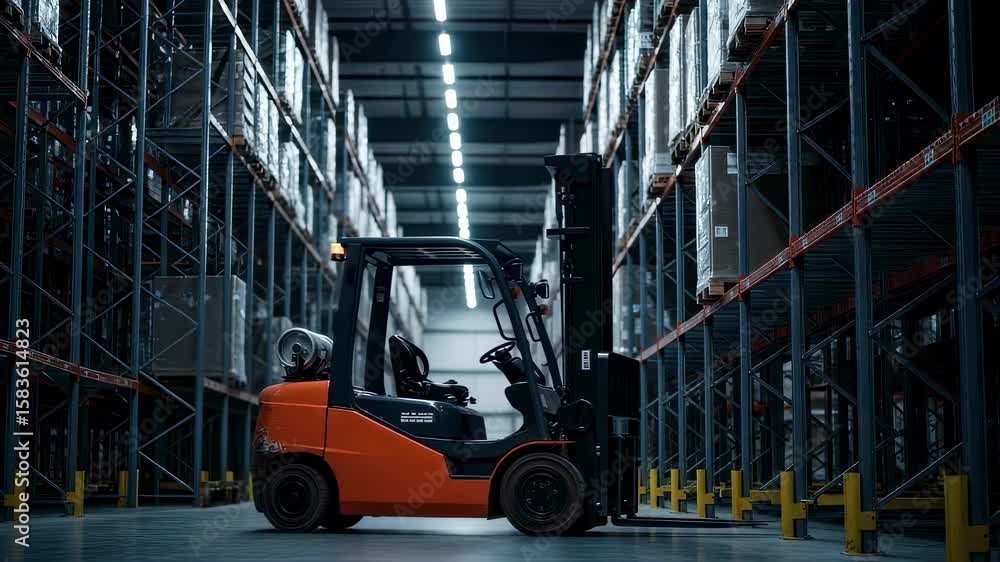 Poster forklift operator navigating storage warehouse, efficiently lifting and moving pallets while managin