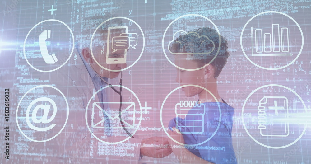 Poster exploring boy holding stethoscope against senior man in white coat in ui with icons and code