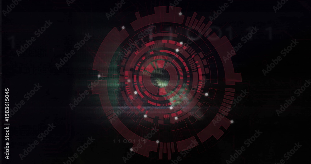 Poster Displaying circular digital interface rotating in HUD, with rings glowing nodes and binary code