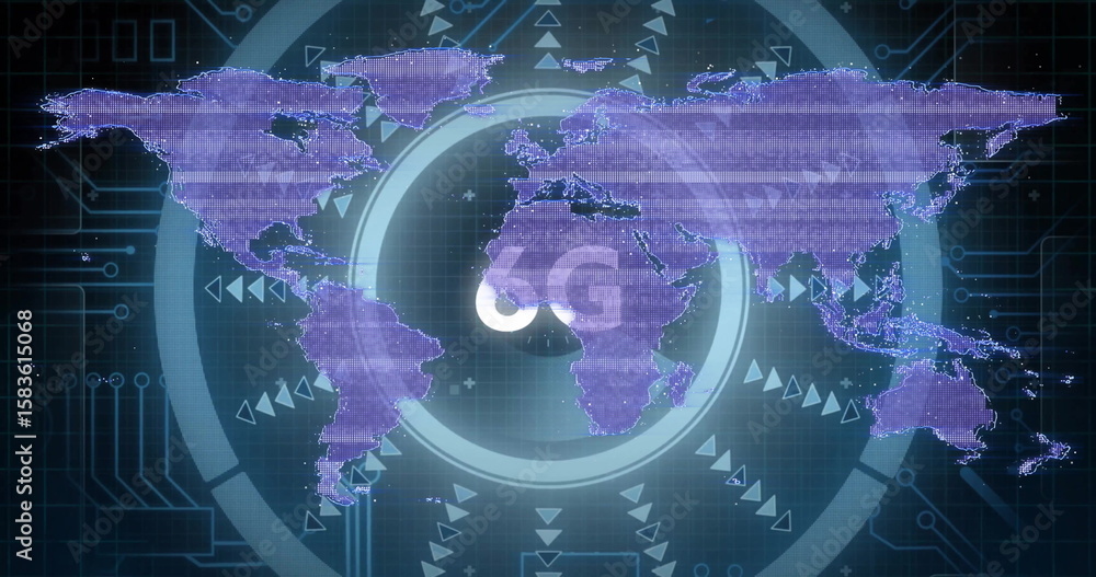 Poster showing purple world map over circular hud on network interface glowing 5g, arrows, circuit traces