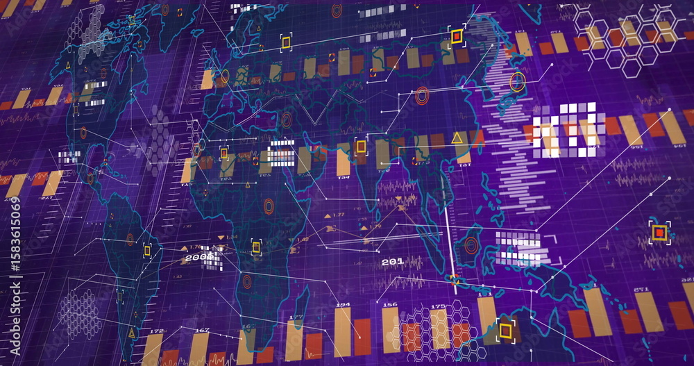 Poster displaying neon world map projecting bar charts on control room display, with hex grids and nodes