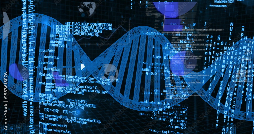 Poster floating 3d blue dna helix winding across dark digital grid plane, with programming code fragments