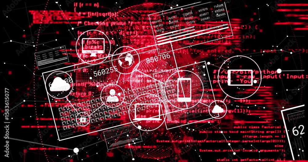 Aufkleber visualizing cloud storage avatar icons and code windows floating on red matrix, with data panels