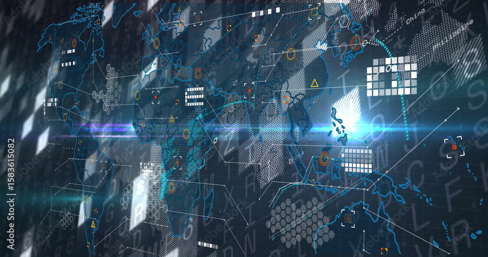 Poster displaying holographic world map interface in control center, with hexagon overlays