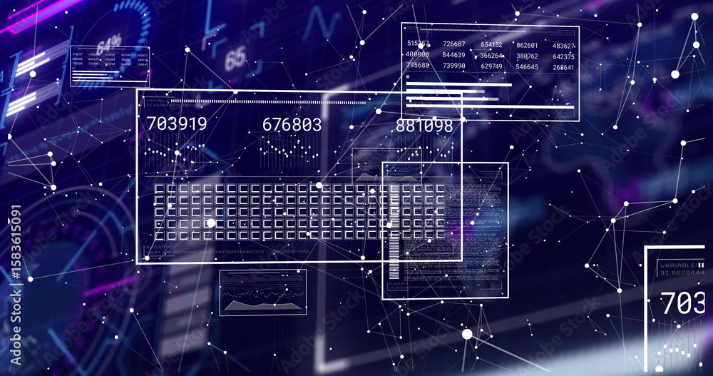 Poster displaying data panels with numerical readouts and bar charts at office desk, network nodes