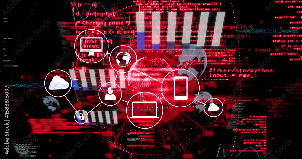Poster linking cloud user globe padlock laptop or smartphone icons on digital interface, charts and graphs