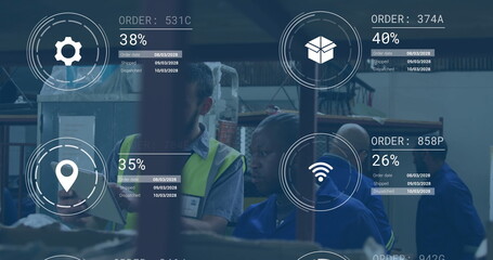 Four factory workers wearing blue uniforms reviewing order codes in warehouse, with holograms