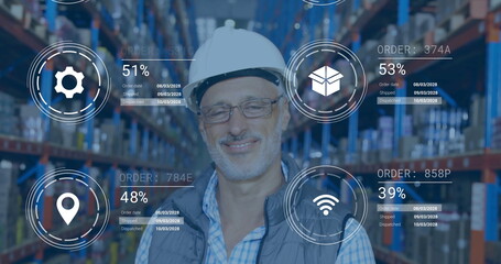 Scanning warehouse supervisor monitoring inventory in aisle, with helmet, vest and data overlays