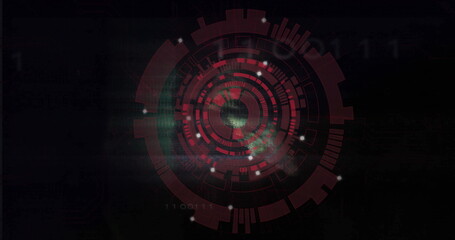 Displaying circular digital interface rotating in HUD, with rings glowing nodes and binary code