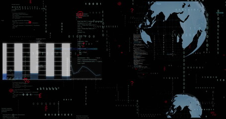Showing dashboard processing binary streams in cyber UI, with bar chart and globes