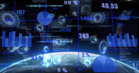 Displaying virtual holographic data dashboard over Earth, with bar graphs, pie charts and gridlines