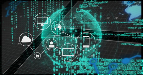 Floating digital globe and connected icons appearing in network interface, with cascading binary