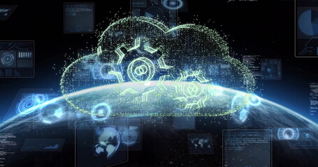 Hovering 3D digital cloud icon with gear symbols glowing above Earth surface, with floating screens