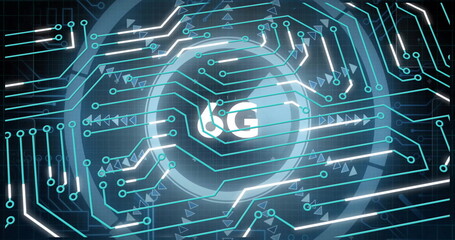 Radiating central glowing 6G circle moving through cyberspace grid, with teal lines and arrows