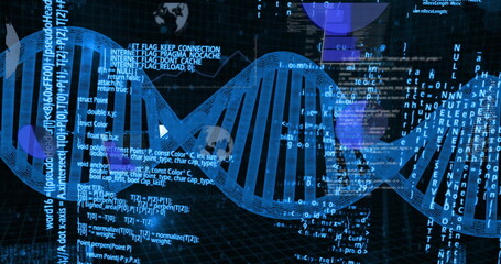 Floating 3D blue DNA helix winding across dark digital grid plane, with programming code fragments