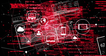 Visualizing cloud storage avatar icons and code windows floating on red matrix, with data panels