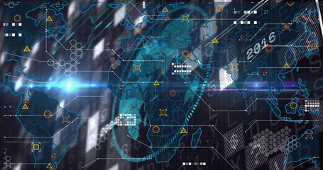 Displaying world map with hex grid and data nodes in control room with caution icons