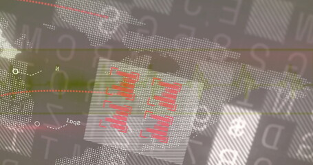 Displaying central panel showing red bars on interface with world map, colored lines and data nodes