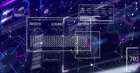 Displaying data panels with numerical readouts and bar charts at office desk, network nodes