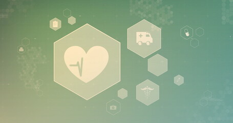 Displaying heart pulse panel on green-to-teal gradient background, with ambulance and medical icons