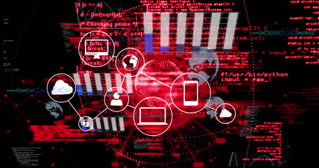 Linking cloud user globe padlock laptop or smartphone icons on digital interface, charts and graphs