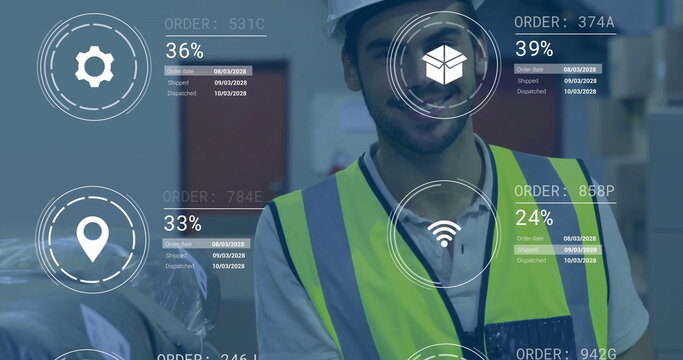 Monitoring worker wearing helmet and hi-vis vest at warehouse scanning boxes, with digital overlays