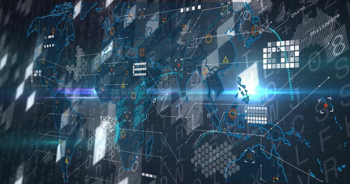 Displaying holographic world map interface in control center, with hexagon overlays - Powered by Adobe