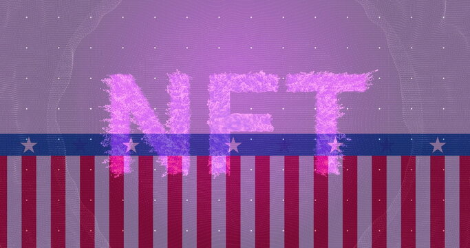 Naklejki Displaying pink purple particle NFT floating in digital art space, with star band and stripe grid