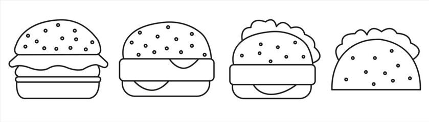 hamburger line icon, with various toppings and sizes, Hamburger icon collection, isolated on white background, Vector illustration.
