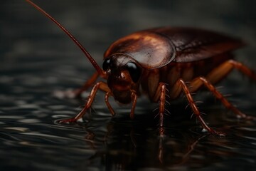 A lone cockroach stands out against a dark, wet surface, its red antennae reaching out into the shadows