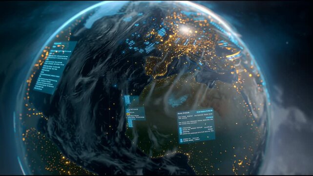 Global Digital Frontier: An arresting digital rendering of Earth overlaid with intricate data displays, spotlighting the dynamic interplay of technology and the planet's vast network.