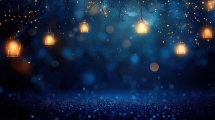 Fototapeta premium Dark blue background with glowing lights and bokeh- creating an atmosphere of mystery and magic.