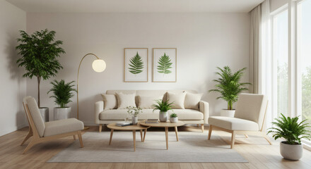 A bright and airy living room featuring neutral tones and indoor plants.