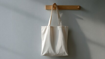 The simple canvas tote bag hanging elegantly on a wall.