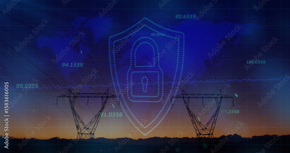 Poster overlaying shield with padlock icon securing towers on plain at dusk, with world map, data points