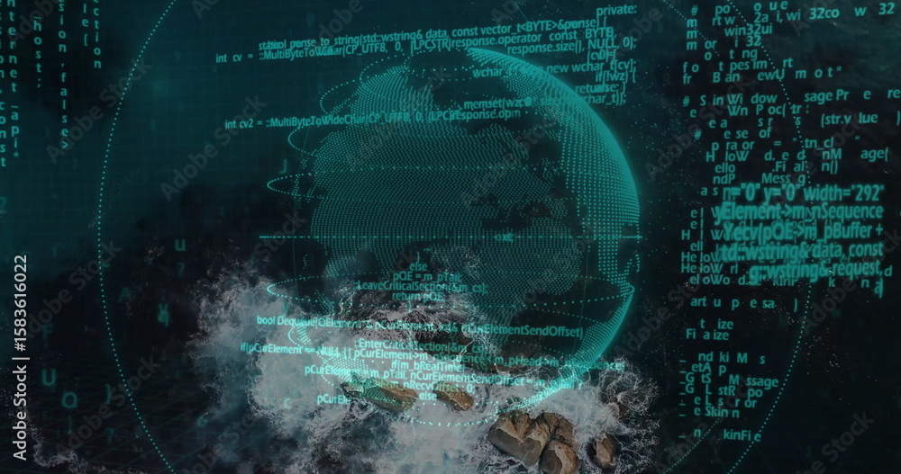 Poster hovering wireframe globe floating over rocky coastline, with code streams and grid overlays