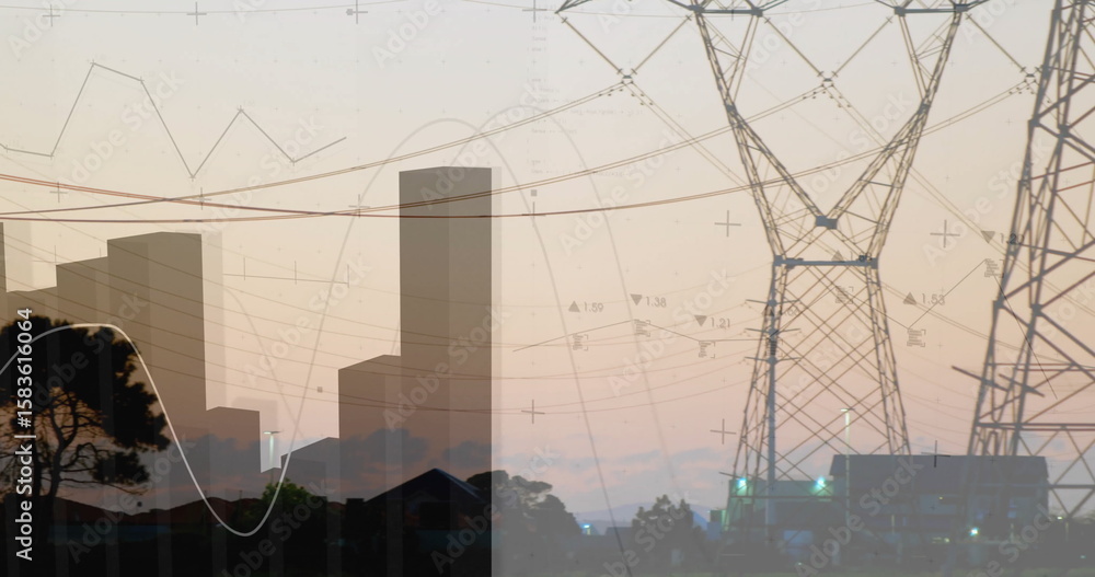 Poster displaying transmission tower and power lines at dusk skyline with overlaid data graphs, copy space