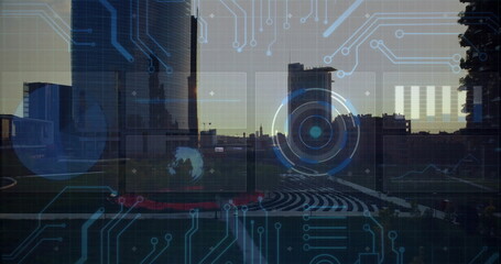 Overlaying AR UI with panels, reticle, charts, circuit traces and nodes at dusk waterfront