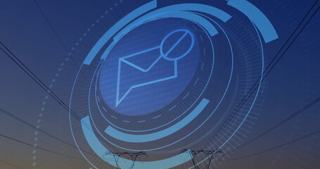 Projecting circular digital interface over power grid at dusk, with message icon and binary code