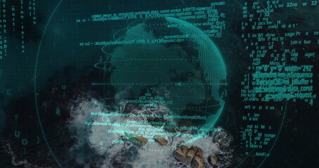Hovering wireframe globe floating over rocky coastline, with code streams and grid overlays