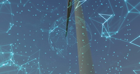 Showing wind turbine with blade at wind farm, with globe network lines and nodes, copy space