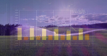 Displaying data overlay floating over meadow at dusk, with clear bars, white trend line and labels