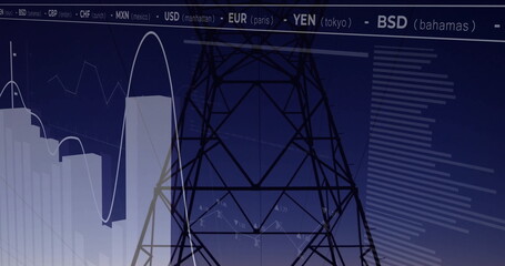Merging electricity tower silhouette with financial charts on dashboard showing currency codes