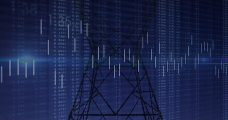 Tower silhouette standing in blue digital scene with data columns, candlestick bars and light flare
