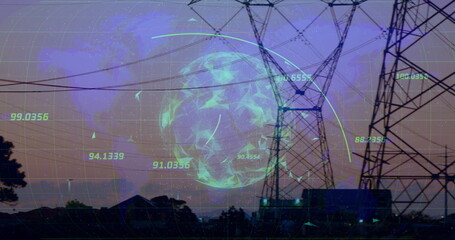 Steel tower standing among power lines in outskirts under dusk sky, with digital globe, data points