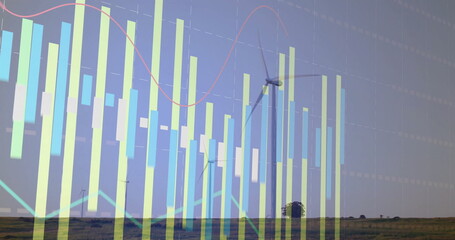Featuring wind turbine rising over wind farm, with pastel chart overlay and red line, copy space